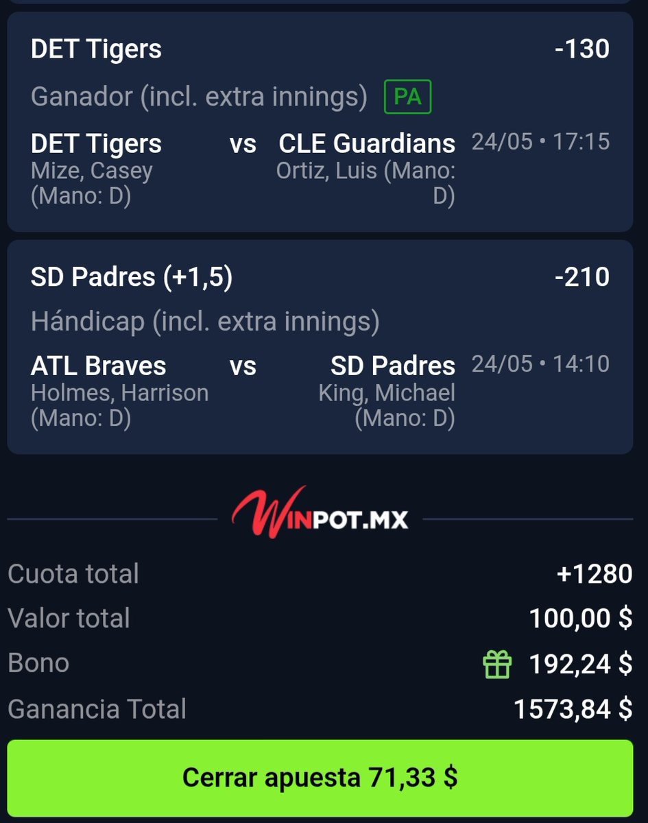 PARLAY SOÑADOR MOMIO +1280
Deja tu ❤ para Ganarlo juntos