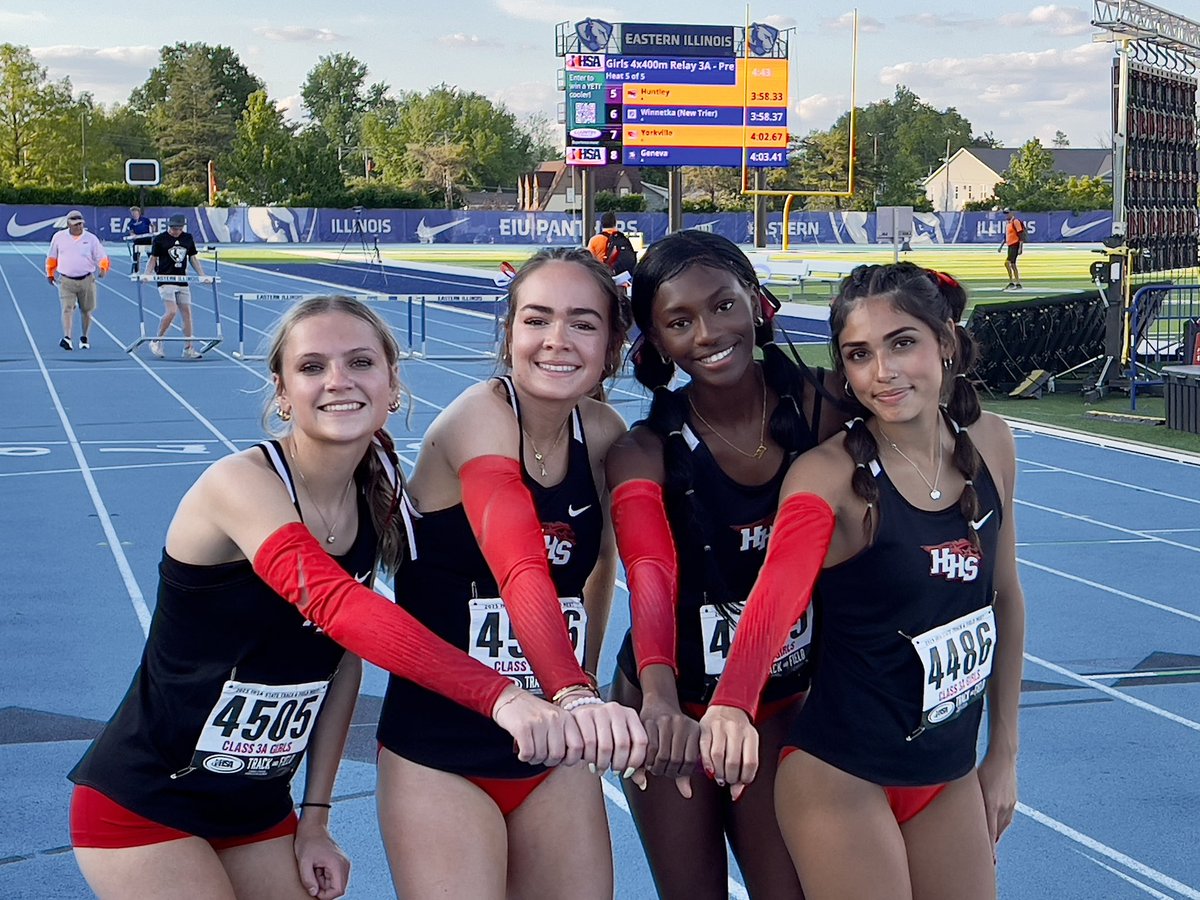 Wow! 🤯 This team has the staffs hearts! 💕 
SCHOOL RECORD! 3:58.33.               First team to ever go under 4 minutes! 
First IHSA state appearance  for all 4 girls but they ran like vets!                         2 srs, a jrand a fr. A special end to a great day!