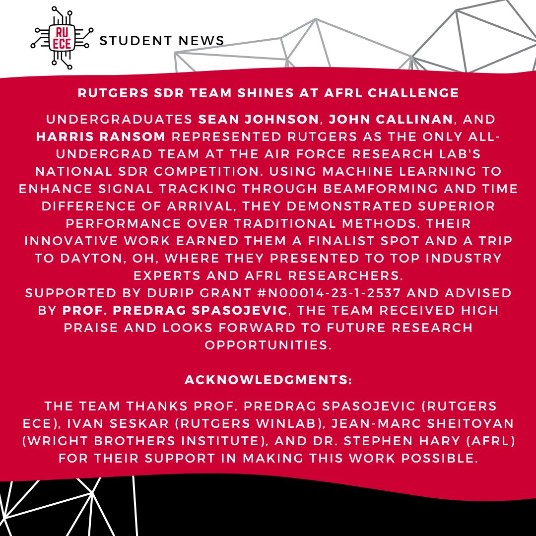 Team Rutgers, composed of all undergrads, shine at AFRL SDR challenge with ML signal tracking! Thanks to all the mentors &amp; supporters. #RutgersECE #SDR #AFRL