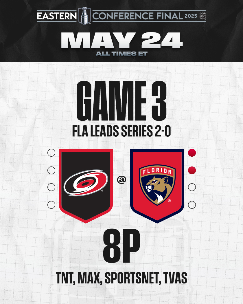 NHL (@nhl) on Twitter photo The defending champs are back on home ice and can move to the brink of a third straight #StanleyCup Final 🤭
📺: <a href="/Canes/">Carolina Hurricanes</a> vs. <a href="/FlaPanthers/">x - Florida Panthers</a> Game 3 TONIGHT at 8p ET on <a href="/NHL_On_TNT/">NHLonTNT</a>, <a href="/SportsonMax/">Sports on Max</a>, <a href="/Sportsnet/">Sportsnet</a> and <a href="/TVASports/">TVA Sports</a> The defending champs are back on home ice and can move to the brink of a third straight #StanleyCup Final 🤭
📺: <a href="/Canes/">Carolina Hurricanes</a> vs. <a href="/FlaPanthers/">x - Florida Panthers</a> Game 3 TONIGHT at 8p ET on <a href="/NHL_On_TNT/">NHLonTNT</a>, <a href="/SportsonMax/">Sports on Max</a>, <a href="/Sportsnet/">Sportsnet</a> and <a href="/TVASports/">TVA Sports</a>