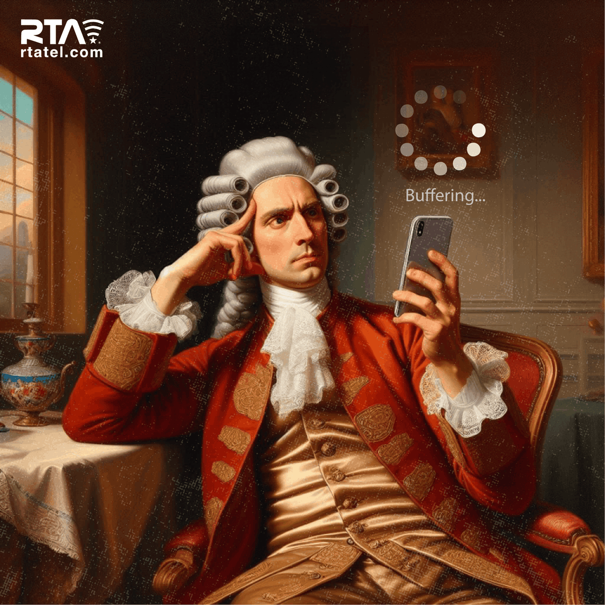rta4usa's tweet image. Feeling overwhelmed by buffering is a thing of the past... 👑📱 With #gigFASTINTERNET, enjoy the true speed of royalty. Even the noble in the painting wouldn’t have the patience for that! 
Visit rtatel.com 🔗
#RoyalWiFi #GoodbyeBuffering #FastInternet #RTA