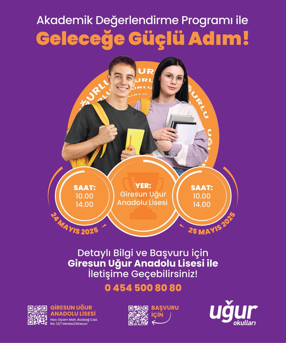 Önümüzdeki yıl 9,10,11 ve 12.sinif öğrencilerine açık,
Kitap, Kıyafet ve eğitim desteği var. Kazanan öğrenciler mezun olana kadar ücretsiz eğitim görecek.📚📝🏆🧑‍🏫

Başvuru için ➡️ forms.gle/1q5KdfZSG9q62A…

<a href="/Giresun_UAL/">Giresun Uğur Anadolu Lisesi</a> <a href="/CanikliEla/">Ela Canikli</a>