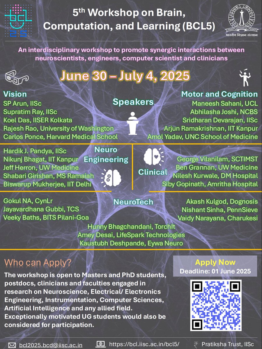 Announcing the 5th Brain Computation and Learning workshop at IISc Bangalore from June 30-July 4 2025, with an awesome lineup of speakers as before. This year we have a Neurotech module featuring some exciting startups in this space! 
Apply before 1 June! 
bcl.iisc.ac.in/bcl5/