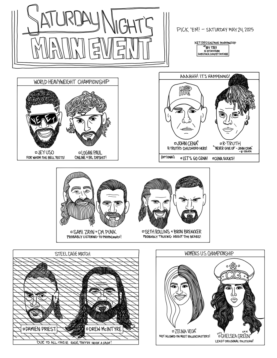 tayfabe_'s tweet photo. Pick 'em sheet for Saturday Night's Main Event! https://t.co/RvW6ZZIf1b