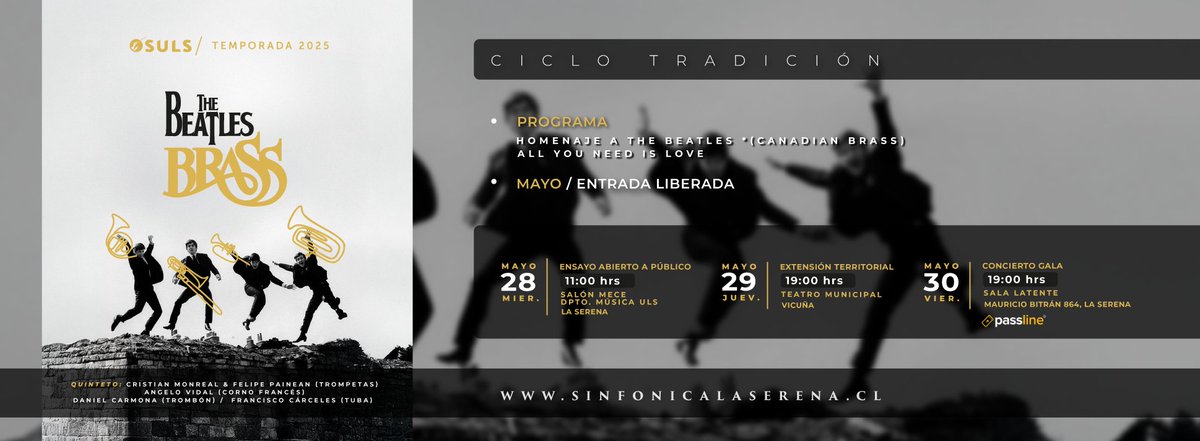 [NOTA 📰] OSULS invita a disfrutar de su ‘Fantasía para Quinteto de Bronces’ junto a emblemáticas canciones de Los Beatles

👀Lee la nota completa en nuestra web sinfonicalaserena.cl: n9.cl/faagh