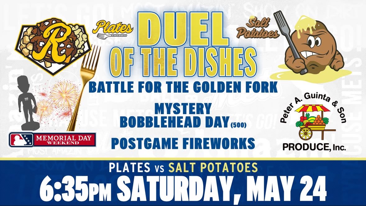 MiLBPromos's tweet photo. It’s GAME 1️⃣ for the 2025 edition of the Duel of the Dishes where your @SyracuseMets Salt Potatoes will host the Rochester Plates

There’s also a mystery bobblehead giveaway and post-game fireworks! https://t.co/qjZ9szAN8v