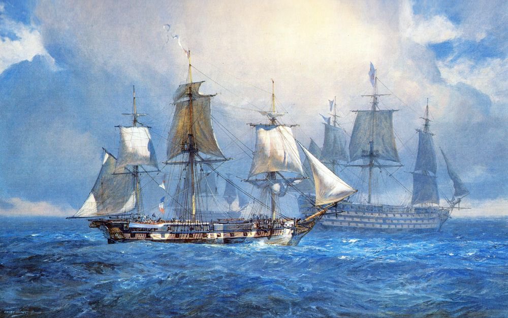 The frigate HMS Surprise arriving with dispatches for Admiral Thornton, flying his flag in the massive 110-gun HMS Ocean
Geoff Hunt