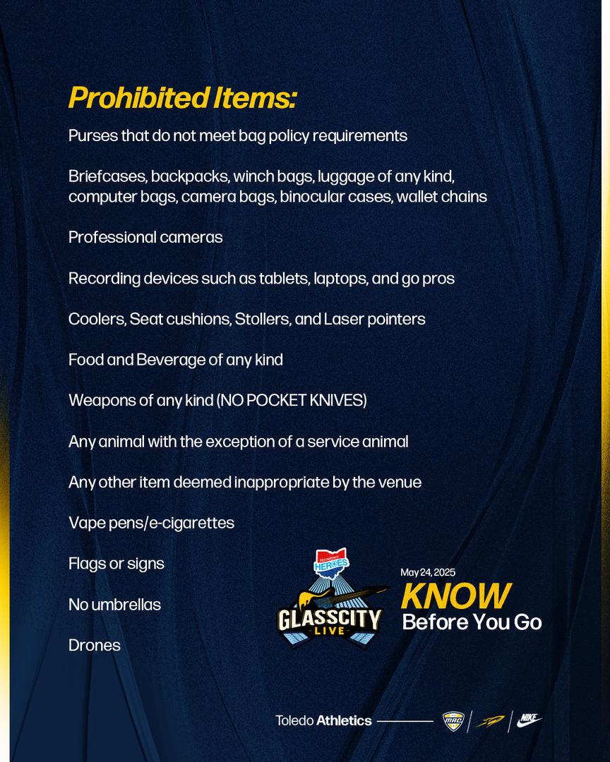 GlassCityLive's tweet photo. 🚫 Know Before You Go!

To keep everyone safe and the vibes high, please leave these items at home!

Seat cushions will be allowed, however seat backs will not be permitted

🎟️ Still don’t have your tickets? There’s still time!
🎟️: https://t.co/oeOdeToOma

#GlassCityLive #JACLive https://t.co/nD3BHOjlD3