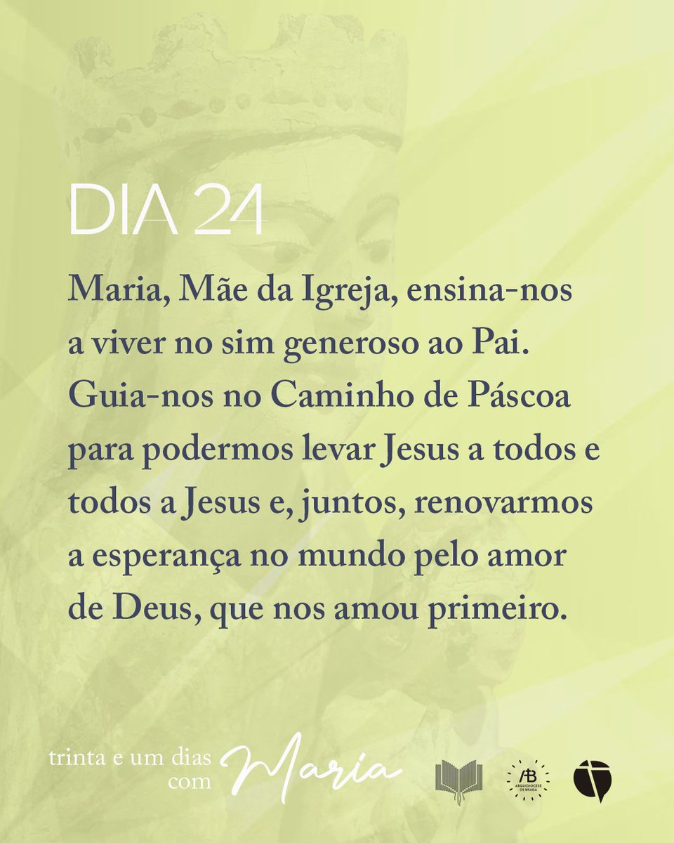Maria, Mãe da Igreja, ensina-nos a viver no sim generoso ao Pai. Guia-nos no Caminho de Páscoa para podermos levar Jesus a todos e todos a Jesus e, juntos, renovarmos a esperança no mundo pelo amor de Deus, que nos amou primeiro.
.
#31diascommaria #maria #maio #mêsdemaria