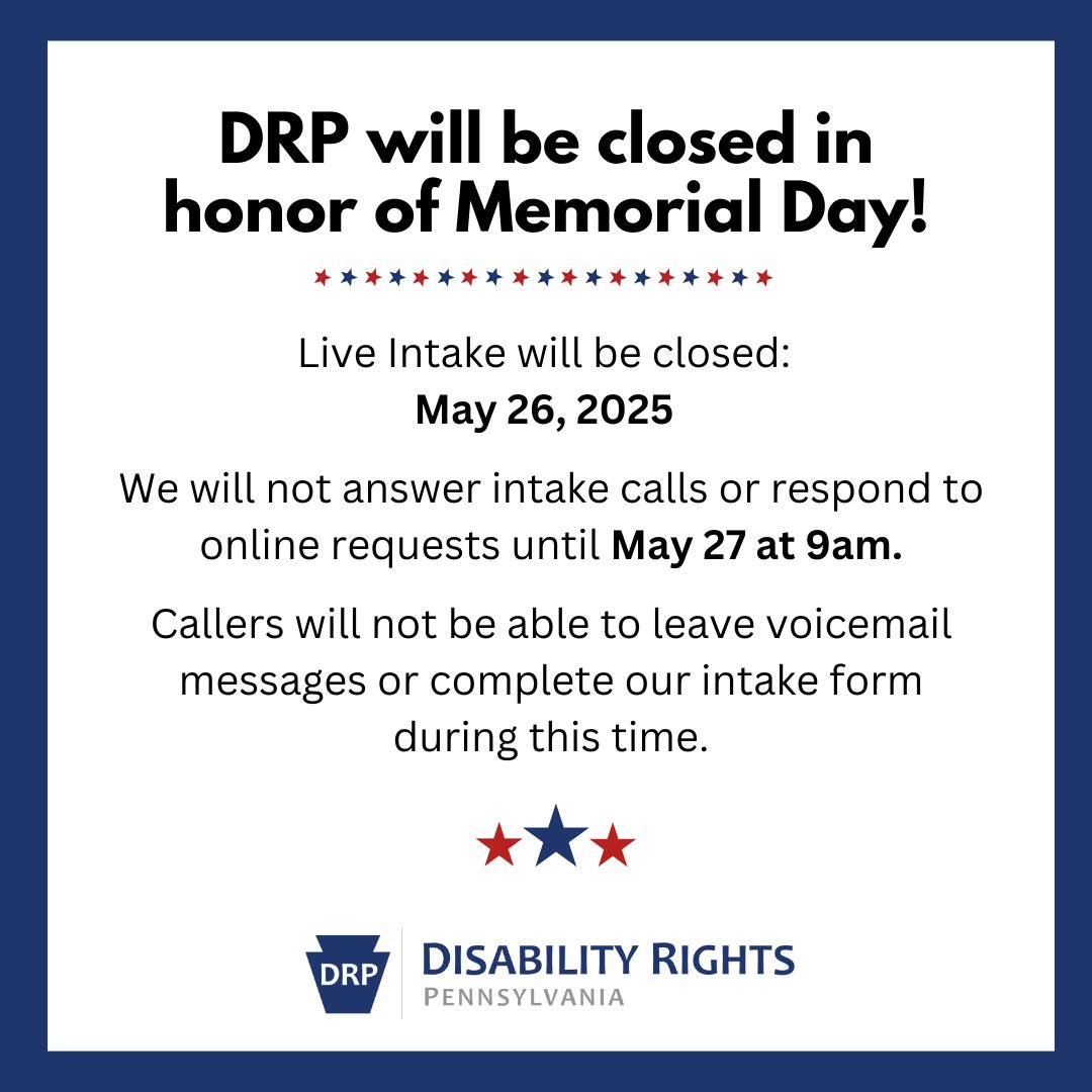 DRP will be closed May 26, 2025 for Memorial Day.