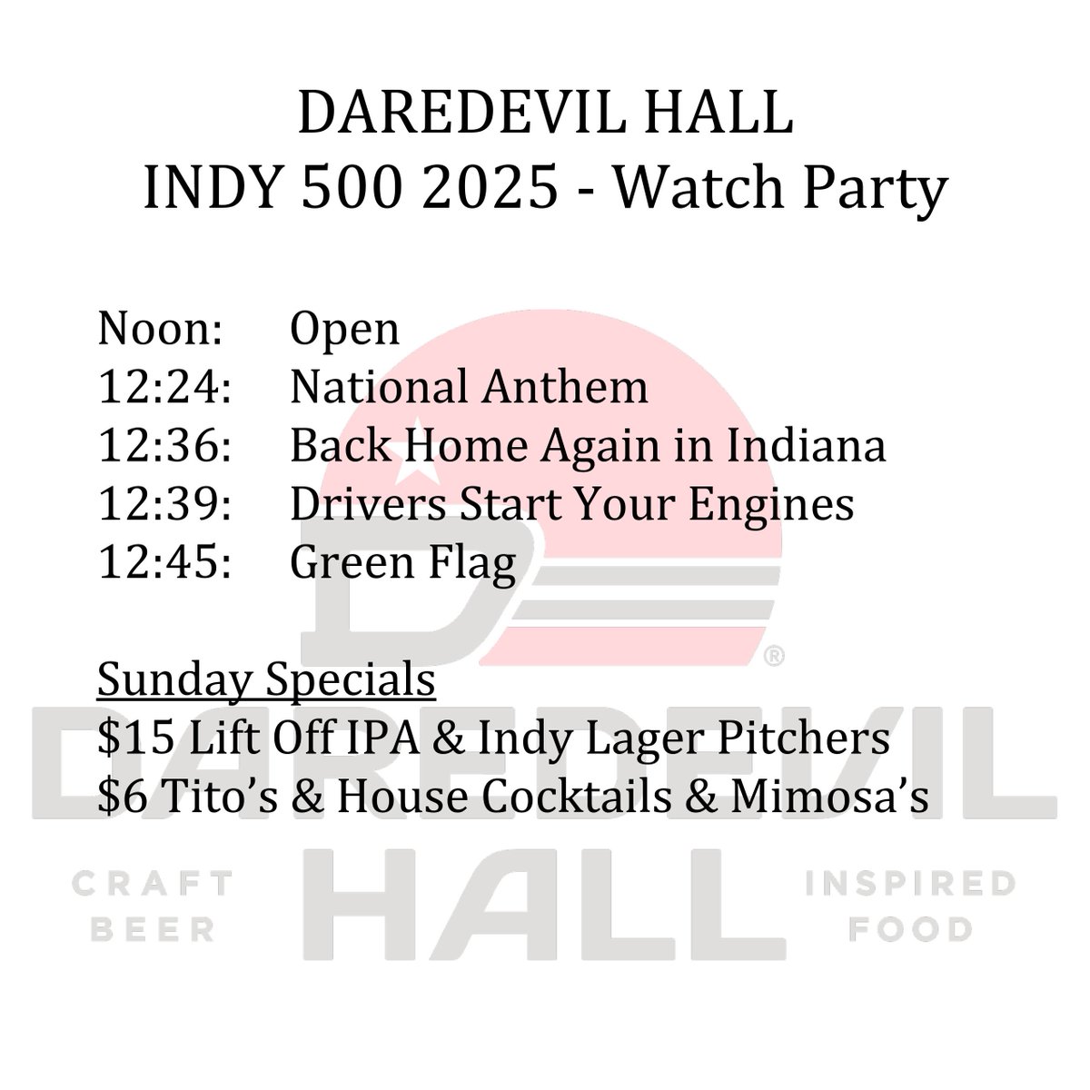 DaredevilHall's tweet image. No blackout! Join us to watch the 2025 - Indy 500. We've got the best smash burgers, tavern pizza + beer - bar - sports around.