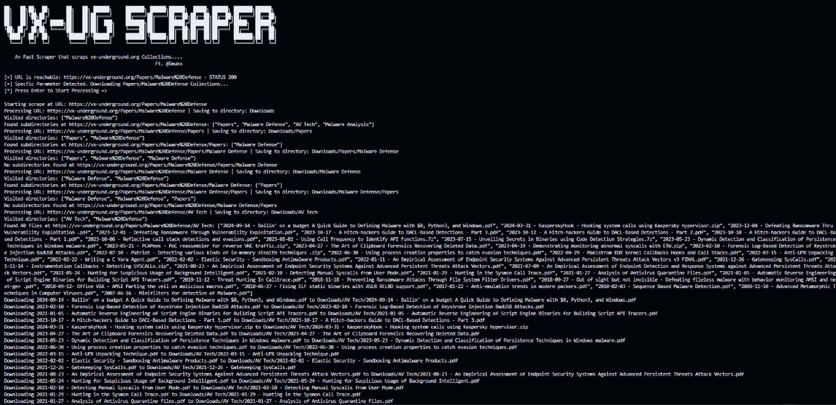 5mukx's tweet image. I have written a fast and efficient web scraper designed to download collections from vx-underground.org
Tool:github.com/Whitecat18/vxu…
Happy Learning :)
#webscraper #rust