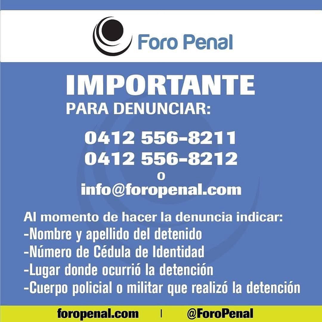 HimiobSantome's tweet image. #24May 11:20 a.m. En este momento en el @ForoPenal estamos recibiendo y verificando reportes de detenciones recientes en Venezuela. Si desea reportar alguna situación en particular, a los efectos de su registro y atención legal gratuita, no dude en contactarnos.