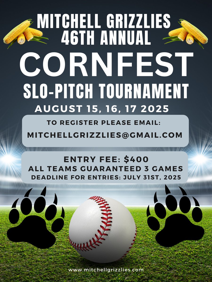 It's that time of year again...the Mitchell Grizzlies are pleased to announce, that we will be hosting the 46th Annual Cornfest Slo-Pitch Tournament in August.  Registration is now open for Men's and Ladies Teams.