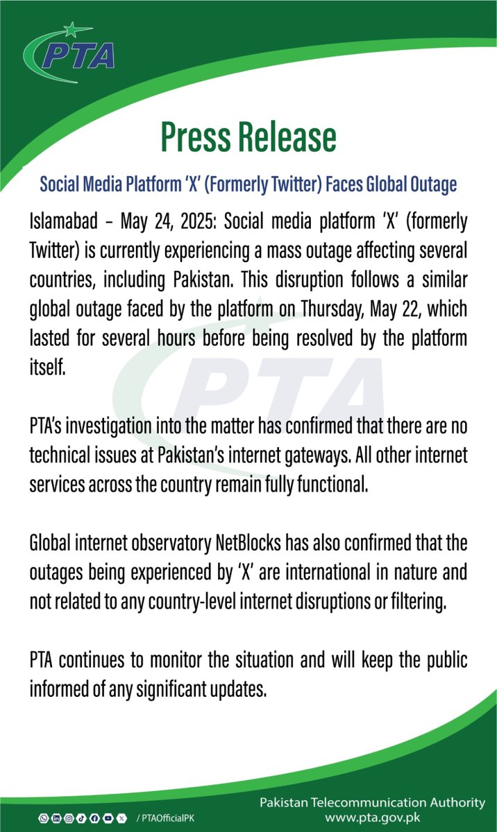 PTA (@ptaofficialpk) on Twitter photo Social media platform ‘X’ (formerly Twitter) is currently experiencing a mass outage affecting several countries, including Pakistan. This disruption follows a similar global outage faced by the platform on Thursday, May 22, which lasted for several hours before being resolved by Social media platform ‘X’ (formerly Twitter) is currently experiencing a mass outage affecting several countries, including Pakistan. This disruption follows a similar global outage faced by the platform on Thursday, May 22, which lasted for several hours before being resolved by