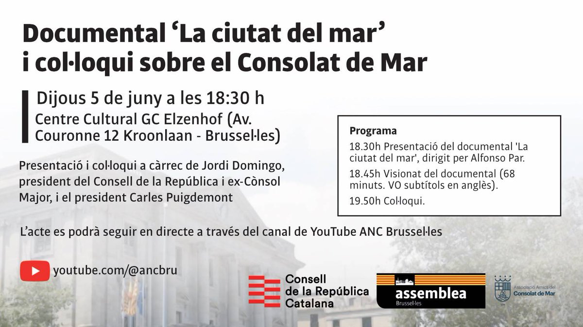 ANCBrussel·les🎗 (@ancbru) on Twitter photo 📌Dijous, 5 de juny a les 18.30h, <a href="/AncBru/">ANCBrussel·les🎗</a> i el <a href="/ConsellRep/">Consell de la República Catalana</a> fem a #Brussel·les la projecció i col·loqui del documental LA CIUTAT DEL MAR d'A. Par.
Amb <a href="/JordiDomingoGM/">Jordi Domingo</a>, president del CdR i ex-Cònsol Major, i el president <a href="/KRLS/">krls.eth / Carles Puigdemont</a> #Puigdemont.
Streaming aquí👇
youtube.com/live/YqgQkFJmS… 📌Dijous, 5 de juny a les 18.30h, <a href="/AncBru/">ANCBrussel·les🎗</a> i el <a href="/ConsellRep/">Consell de la República Catalana</a> fem a #Brussel·les la projecció i col·loqui del documental LA CIUTAT DEL MAR d'A. Par.
Amb <a href="/JordiDomingoGM/">Jordi Domingo</a>, president del CdR i ex-Cònsol Major, i el president <a href="/KRLS/">krls.eth / Carles Puigdemont</a> #Puigdemont.
Streaming aquí👇
youtube.com/live/YqgQkFJmS…