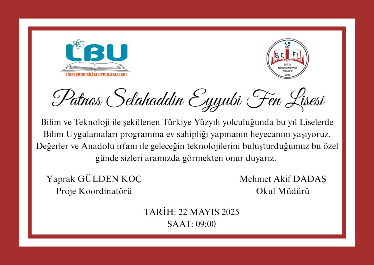 İl Milli Eğitim Şube Müdürümüz Sn. Süleyman ÇETİN’e, MYO Müdürü Öğr. Gör. Mustafa VAROL’a ve teşekkür ederiz.
İlçe Milli Eğitim Müdürümüz Sn. Zeynep OĞUZ ÇAM:
“Emeği geçen tüm okul yöneticilerine, öğretmenlerimize ve öğrencilerimize yürekten teşekkür ederim.”