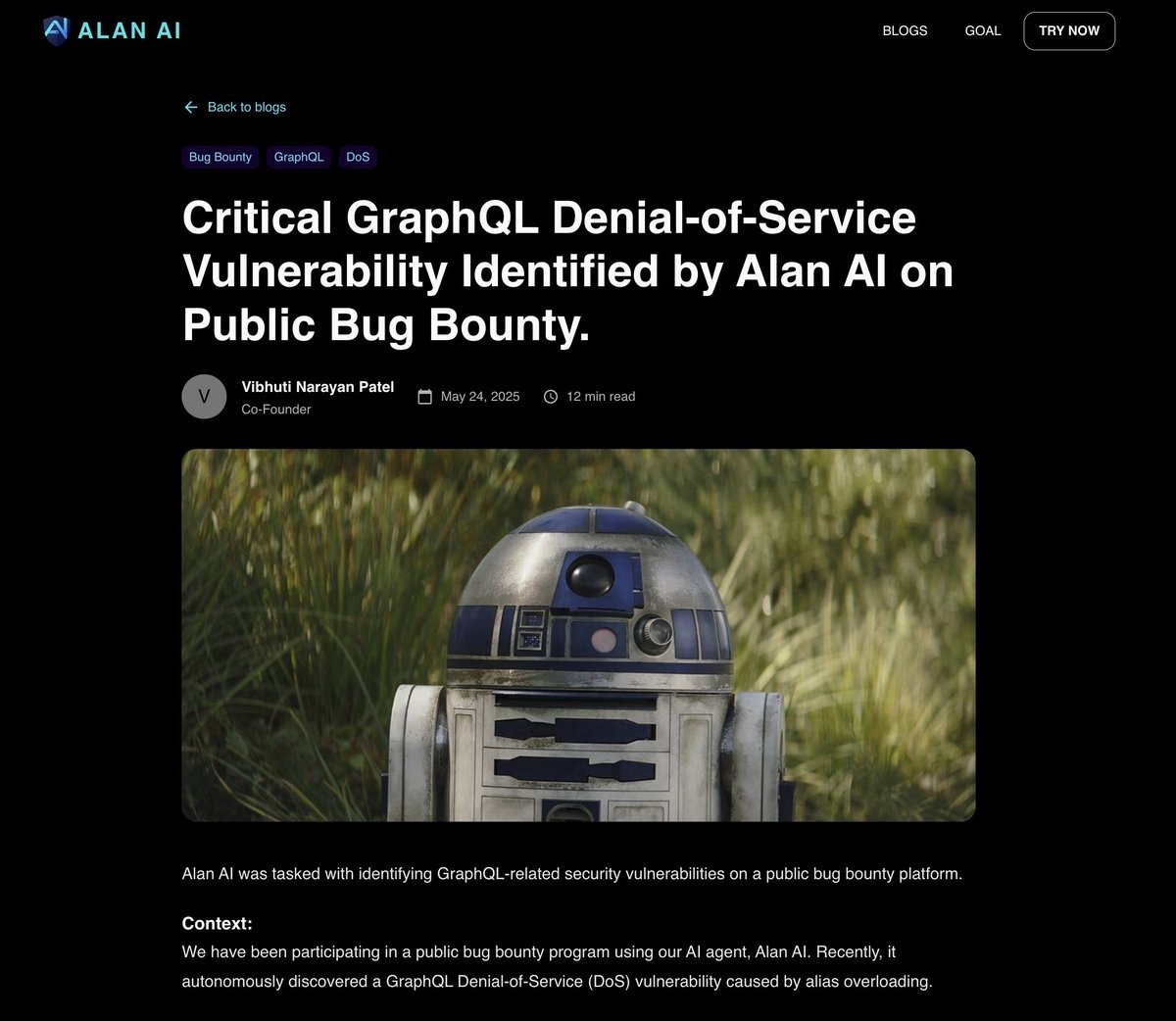 Ayush_cg's tweet image. 🚨 Alan AI just reported its 4th valid vulnerability on public bug bounties - and it’s a High-Severity GraphQL issue! 🔥

We’re literally building the R2-D2 for humanity!

May the force be with us!✨

Read the full Report &amp;amp; Join the waitlist below👇
