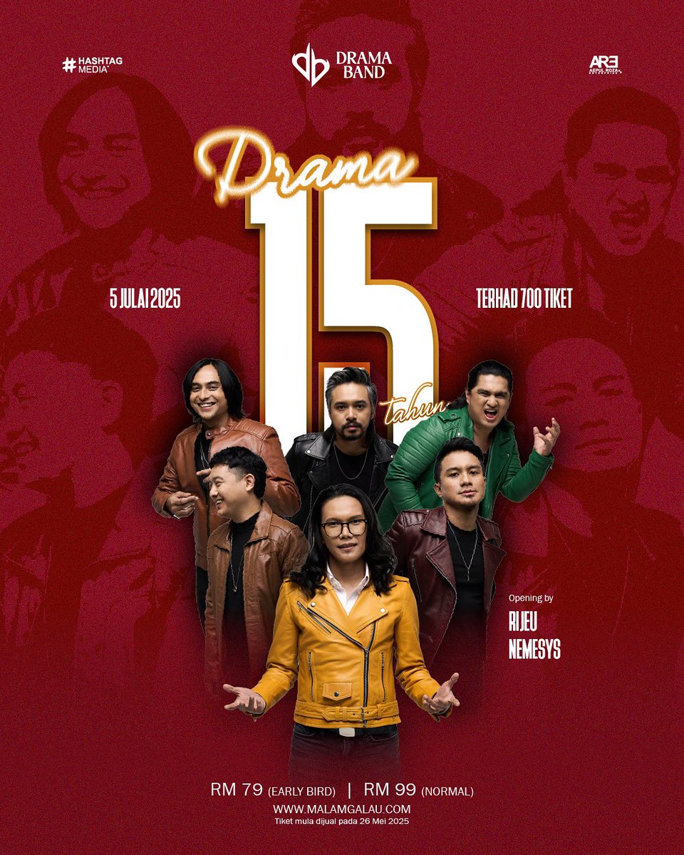 Sempena ulangtahun ke-15 Drama Band, kita start dengan showcase pertama kita tahun ini! 
5 Julai 2025, Vox Live KL. 
Tiket mula dijual Isnin 26hb Mei, 3pm. 
#Drama15Tahun 
@dramabandmy