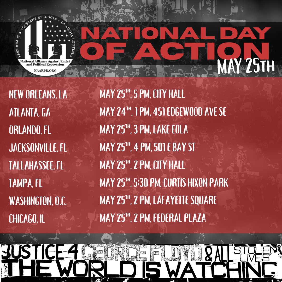 NAARPR's tweet photo. People are mobilizing in more than 17 cities across the country on this national day of action! We're marking the 5th anniversary of George Floyd's murder, opposing Trump's racist agenda, and demanding justice. Scroll to find a protest near you! All Power to the People! https://t.co/f3mXd2jBV5