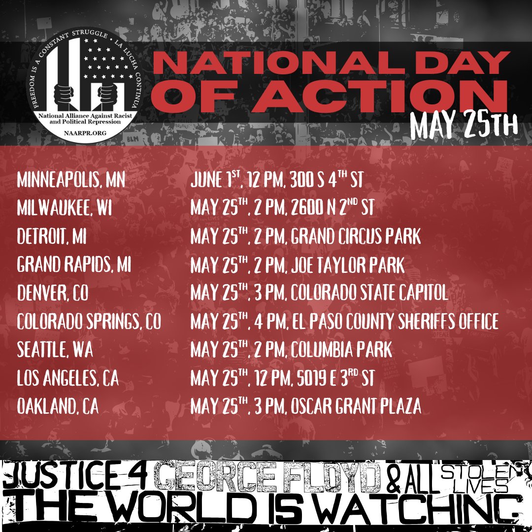 People are mobilizing in more than 17 cities across the country on this national day of action! We're marking the 5th anniversary of George Floyd's murder, opposing Trump's racist agenda, and demanding justice. Scroll to find a protest near you! All Power to the People!