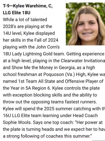Kylee Warehime (@kyleewarehime) on Twitter photo Thank you <a href="/LineDsoftball/">Line Drive Media</a> for including me in your Top 100 Player Rankings for the class of 2028. What an honor to be ranked #9 amongst some of the best athletes in the country. I’m truly grateful for the recognition and I can’t wait to compete with my team this summer. Thank you <a href="/LineDsoftball/">Line Drive Media</a> for including me in your Top 100 Player Rankings for the class of 2028. What an honor to be ranked #9 amongst some of the best athletes in the country. I’m truly grateful for the recognition and I can’t wait to compete with my team this summer.