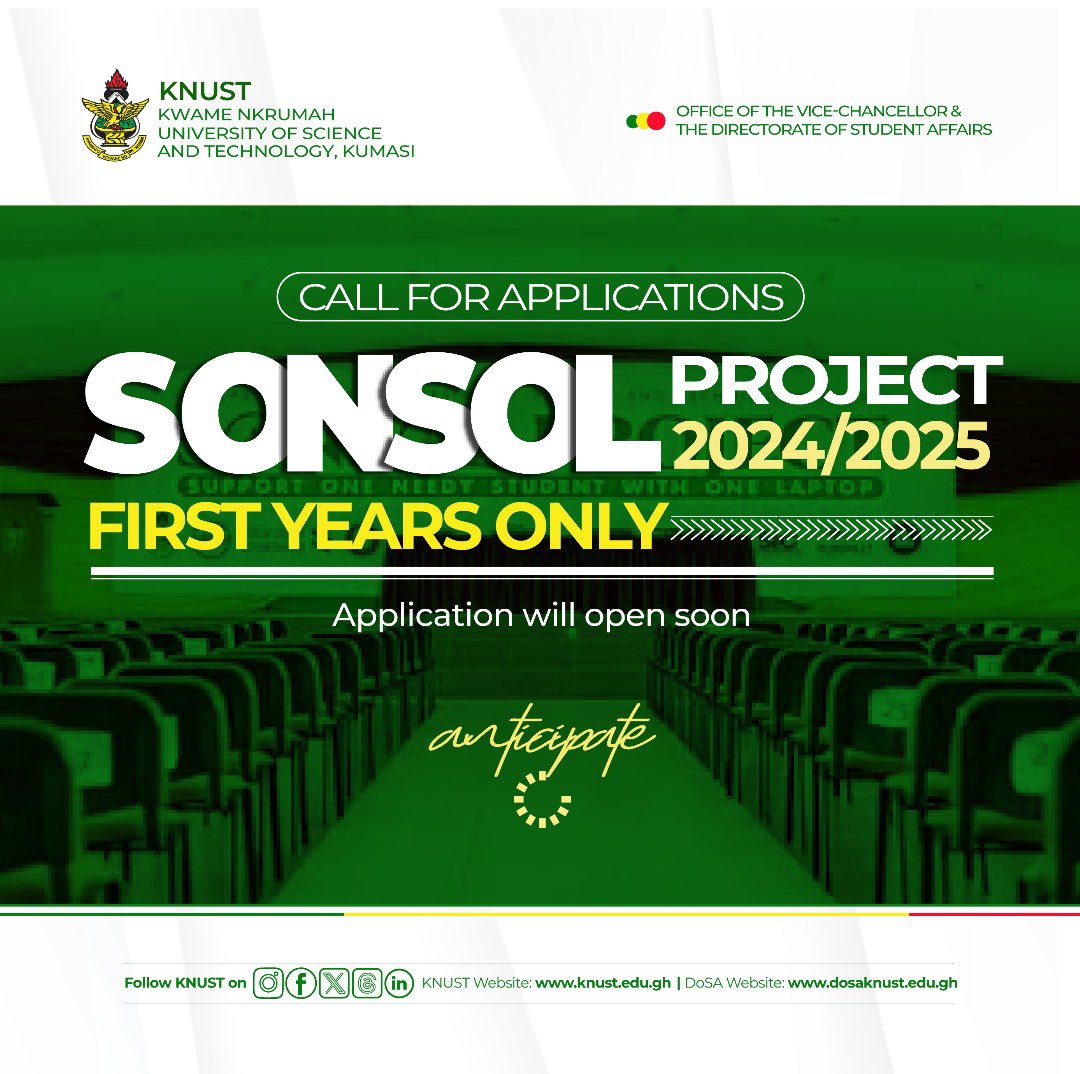 It is almost time to Support One Needy Student with One Laptop(SONSOL) right from the stables of the Vice Chancellor. 

Need a laptop? Watch this space! 

#SONSOL #KNUSTObuasi #KNUST
