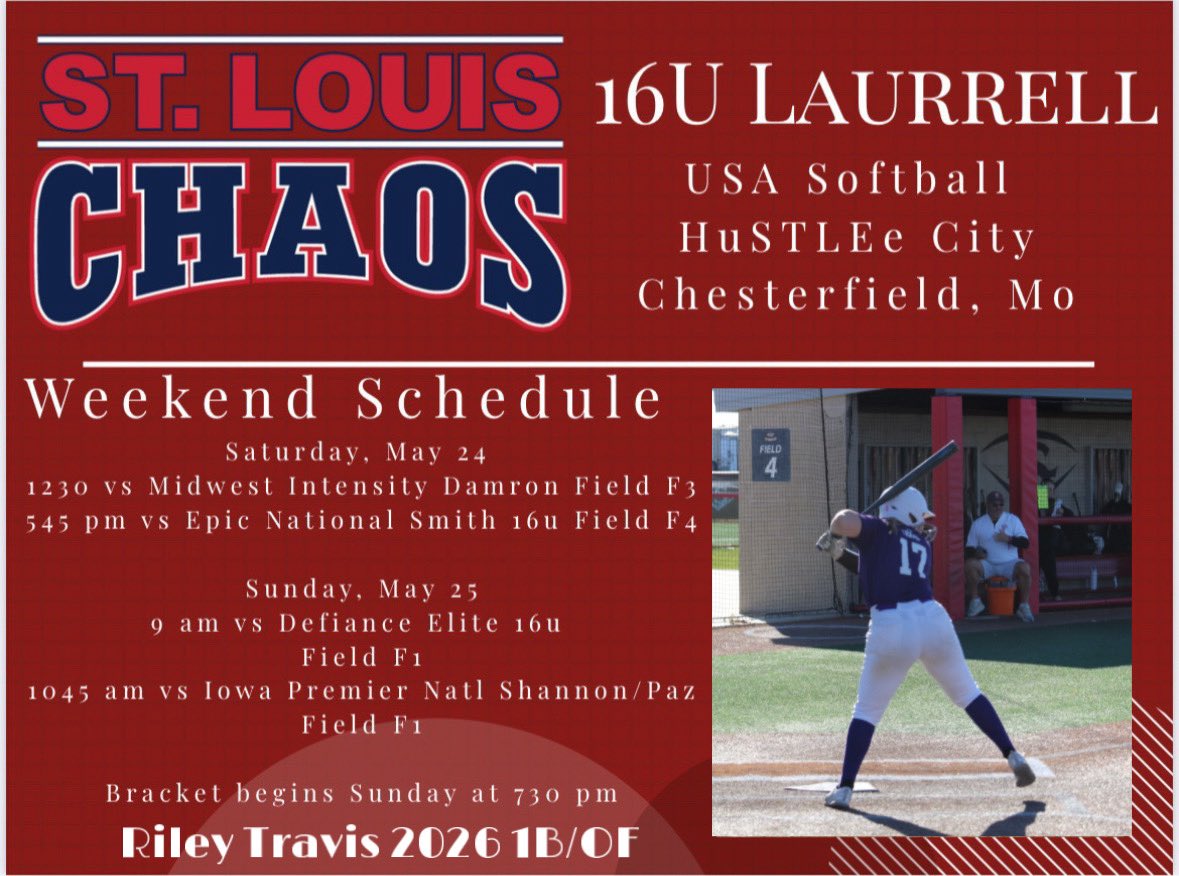 Riley Travis 2026 (@rileytravis2026) on Twitter photo Another weekend of softball ahead! We are excited to compete in the HFL HuSTLe City tournament. Playing some great teams, ready to dominate! <a href="/HFLfastpitch/">Heart of America Fastpitch League | HFL</a> <a href="/ChaosNTL08/">St Louis Chaos Laurrell 16U</a> <a href="/elitenat16u/">Elite Chicago National 16u</a> <a href="/coach_k19/">Kealia Wysocki</a> <a href="/CoachJoshHays/">Josh Hays</a> <a href="/phil_pupillo/">Phil Pupillo</a>
<a href="/coachkoons/">Jo Koons</a> <a href="/NSU_Softball/">NSU Softball</a> <a href="/CoachKristaWood/">Krista Wood</a> <a href="/BadgerHealy/">BadgerCoachHealy</a> Another weekend of softball ahead! We are excited to compete in the HFL HuSTLe City tournament. Playing some great teams, ready to dominate! <a href="/HFLfastpitch/">Heart of America Fastpitch League | HFL</a> <a href="/ChaosNTL08/">St Louis Chaos Laurrell 16U</a> <a href="/elitenat16u/">Elite Chicago National 16u</a> <a href="/coach_k19/">Kealia Wysocki</a> <a href="/CoachJoshHays/">Josh Hays</a> <a href="/phil_pupillo/">Phil Pupillo</a>
<a href="/coachkoons/">Jo Koons</a> <a href="/NSU_Softball/">NSU Softball</a> <a href="/CoachKristaWood/">Krista Wood</a> <a href="/BadgerHealy/">BadgerCoachHealy</a>