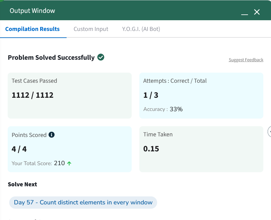 KrakenNakul's tweet photo. Day 56 of #gfg160 #geekstreak2025:
Sliding through sums! ➡️➕ Found the first subarray with sum equal to target using the sliding window technique. Fast, efficient, and on point!
#SlidingWindow #SubarraySum #DSA #ProblemSolving #GeekStreak2025 https://t.co/WcfXlpr4ty