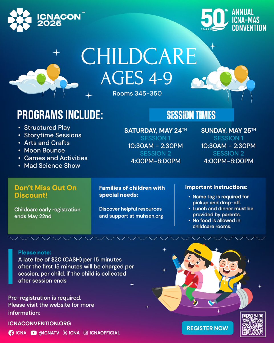 Already at ICNACON with your little ones? Drop them off for a fun, safe, and engaging experience in our Childcare Program for ages 4–9—happening now in Rooms 345–350!

Activities include:

Arts &amp; Crafts
Storytime Sessions
Moon Bounce
Mad Science Show
Games, Structured Play &amp;