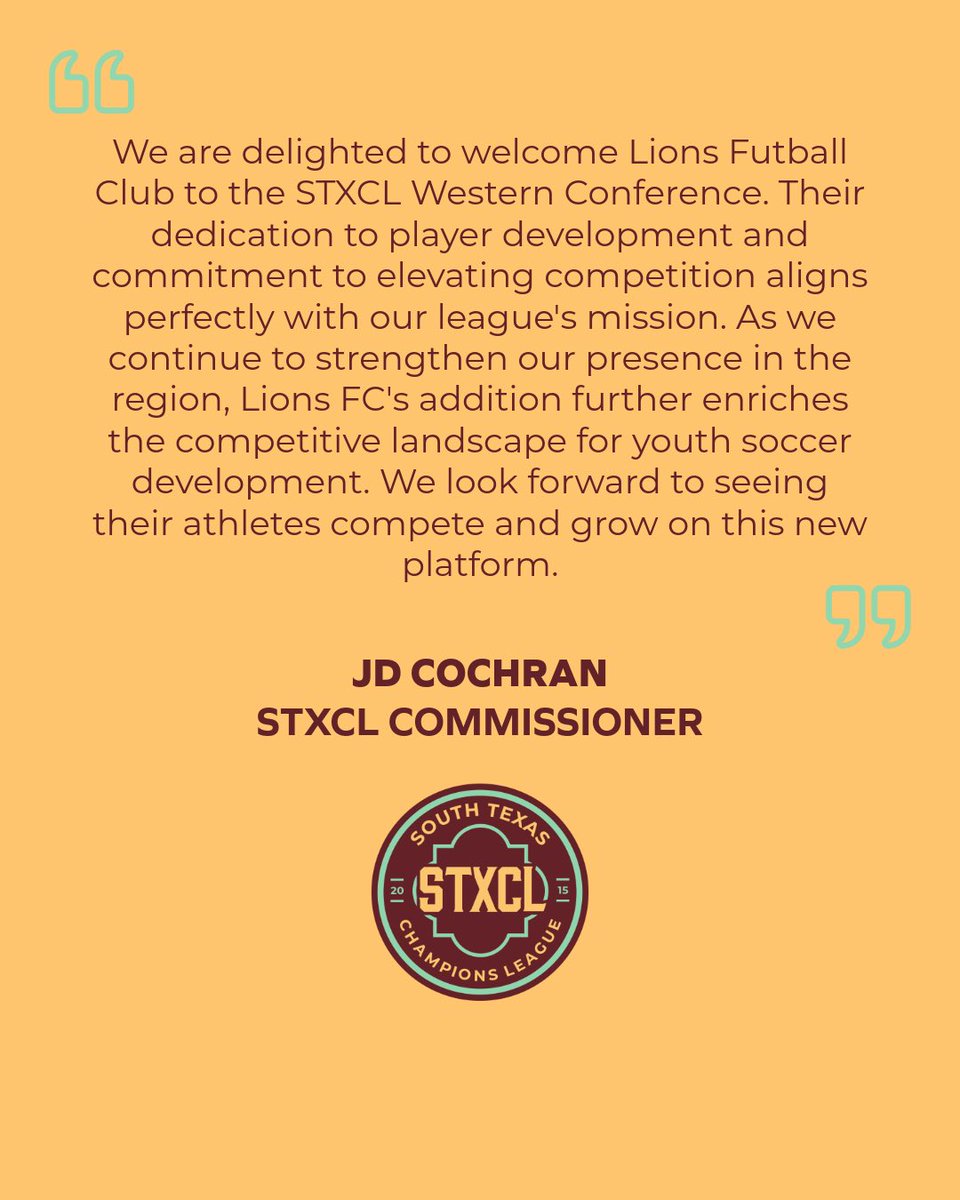 Lions Futball Club is thrilled to announce our upcoming participation in the South Texas Champions League. This opportunity marks an exciting new chapter for our club as we continue to elevate the level of competition and development for our athletes.
 
Peter Moore
Executive DOC
