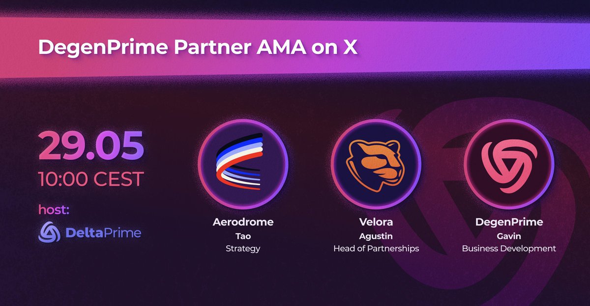 DegenPrime (@degenprimedefi) on Twitter photo ☄️AMA incoming☄️
Join us this Thursday 10am CEST as we discuss how to make the most of your <a href="/base/">Base</a> DeFi adventure on DegenPrime with:
Base #1 MetaDEX <a href="/AerodromeFi/">Aerodrome</a> & long-standing <a href="/DeltaPrimeDefi/">DeltaPrime</a> partner <a href="/VeloraDEX/">Velora (formerly ParaSwap)</a>
Set your reminder here👇: x.com/i/spaces/1vOxw… ☄️AMA incoming☄️
Join us this Thursday 10am CEST as we discuss how to make the most of your <a href="/base/">Base</a> DeFi adventure on DegenPrime with:
Base #1 MetaDEX <a href="/AerodromeFi/">Aerodrome</a> & long-standing <a href="/DeltaPrimeDefi/">DeltaPrime</a> partner <a href="/VeloraDEX/">Velora (formerly ParaSwap)</a>
Set your reminder here👇: x.com/i/spaces/1vOxw…