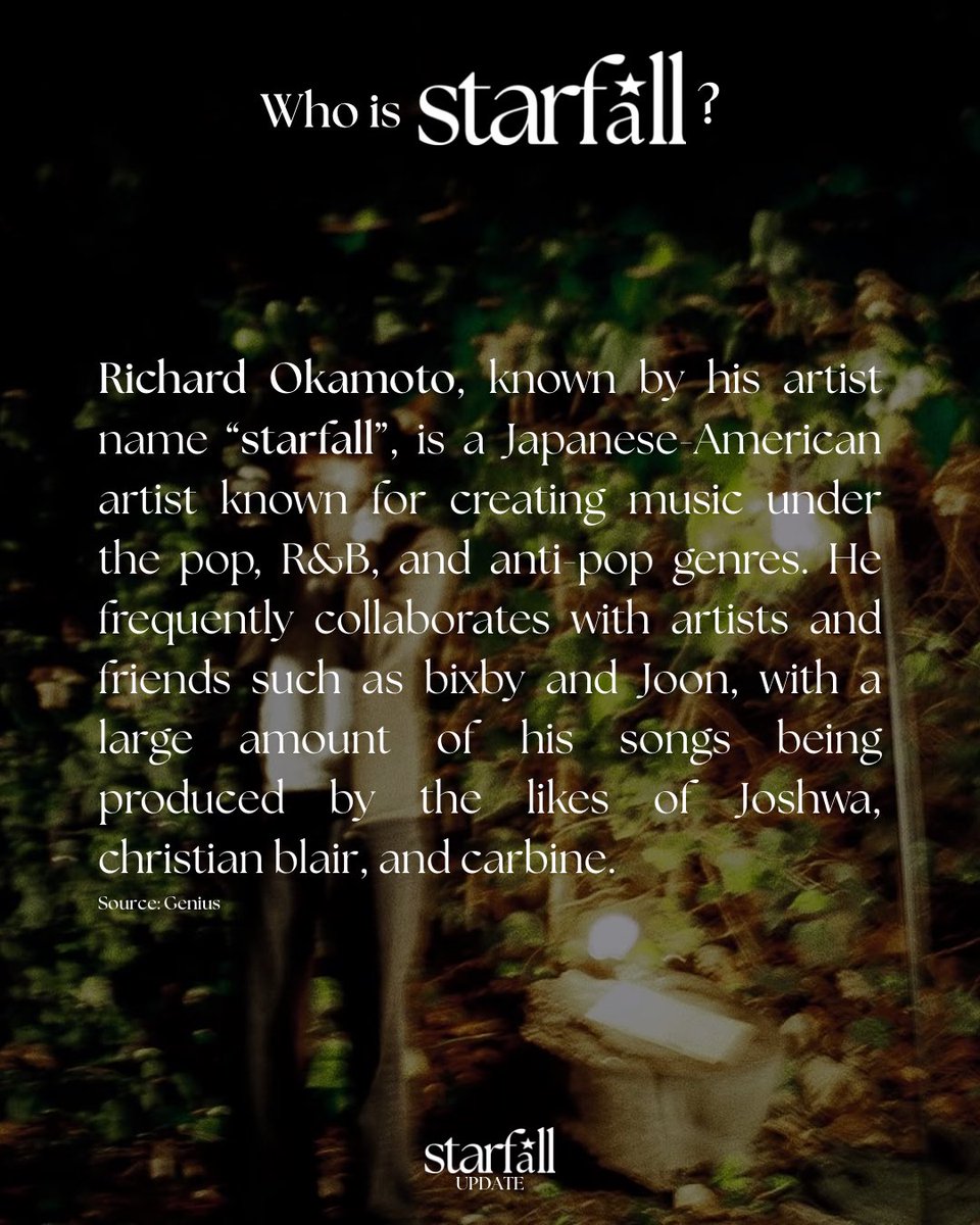 starfallupdate's tweet image. Meet the artist: starfall ⭐️

Richard Okamoto, known by his artist name “starfall”, is a Japanese-American artist known for creating music under the pop, R&amp;amp;B, and anti-pop genres.