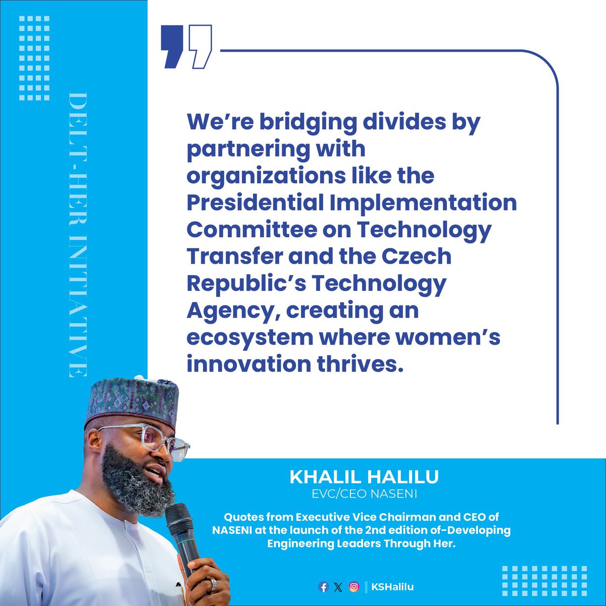 DELT-HER INITIATIVE

"We're bridging divides by partnering with organizations like the Presidential Implementation Committee on Technology Transfer and the Czech Republic's Technology Agency, creating an ecosystem where women's innovation thrives@@KSHalilu

 EVC/CEO of <a href="/NASENIHQ/">NASENI</a>
