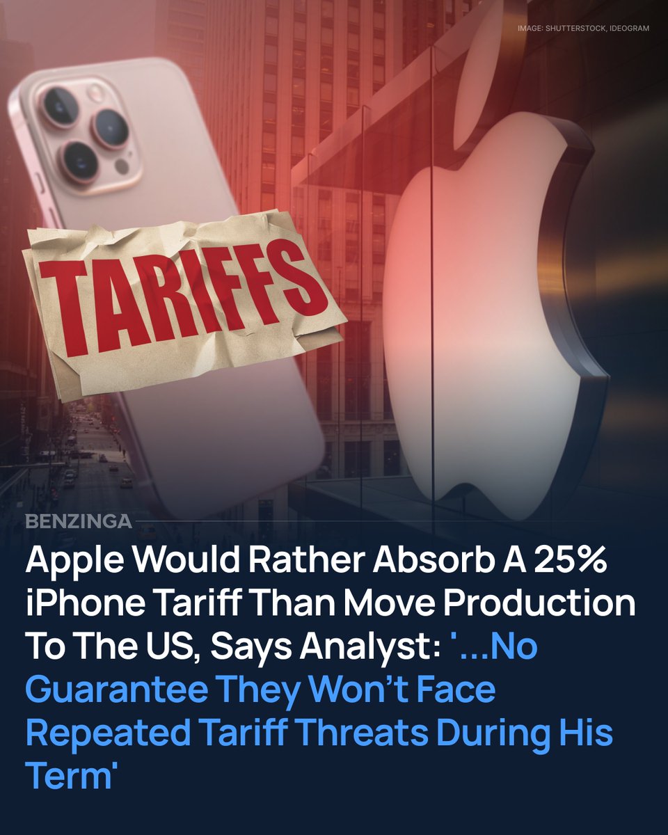 Benzinga's tweet photo. Apple is unlikely to shift iPhone production to the U.S., even under a proposed 25% tariff, according to top analyst Ming-Chi Kuo. 

The comment comes after former President Donald Trump warned Apple that iPhones sold in the U.S. must be made domestically or face tariffs. Trump criticized Apple for expanding manufacturing in India, particularly Foxconn's $1.5 billion facility near Chennai.

Kuo explained that absorbing the tariff is still more cost-effective than moving production back to the U.S., calling Trump’s threat more political than economic. 

He added that relocating iPhone assembly for the U.S. market within Trump’s term is unrealistic and that tariff threats could continue even if Apple negotiates a temporary deal.

Despite Trump’s pressure, Apple remains committed to India. A Counterpoint Research report showed that 18% of global iPhones were made in India in 2024, with that number expected to rise to 32% in 2025. Apple has made no indication it plans to change that strategy.