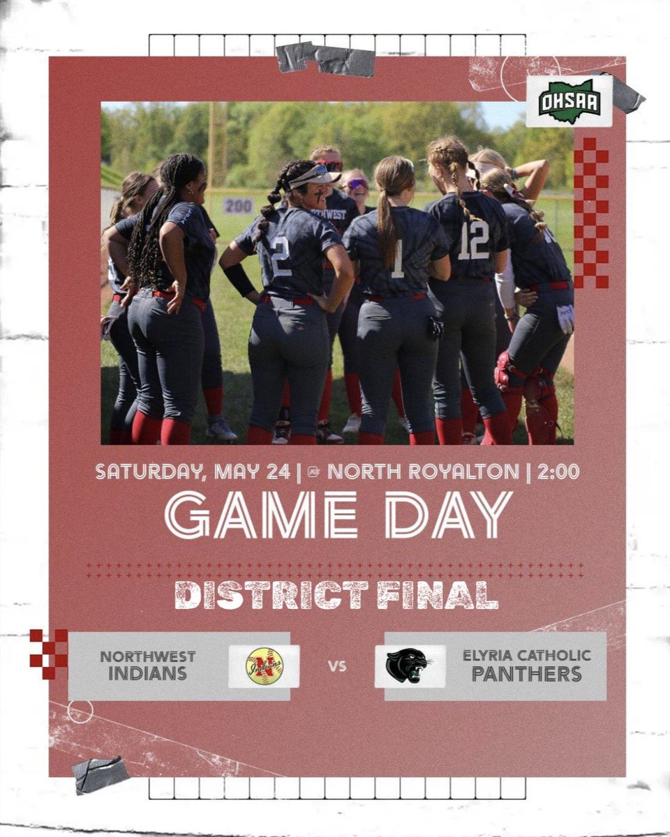 Northwest Indians Athletics (@nwhsindians) on Twitter photo 🚨Game Day: The Softball team travels to North Royalton to take on the Elyria Catholic Panthers this afternoon in a DISTRICT FINAL matchup 🥎
#RollTribe <a href="/NWTribe/">Northwest Schools</a> <a href="/PAC7_Sports/">PAC-7 Sports</a>
🕔 Game begins at 2:00
🎟️ Adults $8, Students $5 cash at the gate or online at ohsaa.org/tickets 🚨Game Day: The Softball team travels to North Royalton to take on the Elyria Catholic Panthers this afternoon in a DISTRICT FINAL matchup 🥎
#RollTribe <a href="/NWTribe/">Northwest Schools</a> <a href="/PAC7_Sports/">PAC-7 Sports</a>
🕔 Game begins at 2:00
🎟️ Adults $8, Students $5 cash at the gate or online at ohsaa.org/tickets