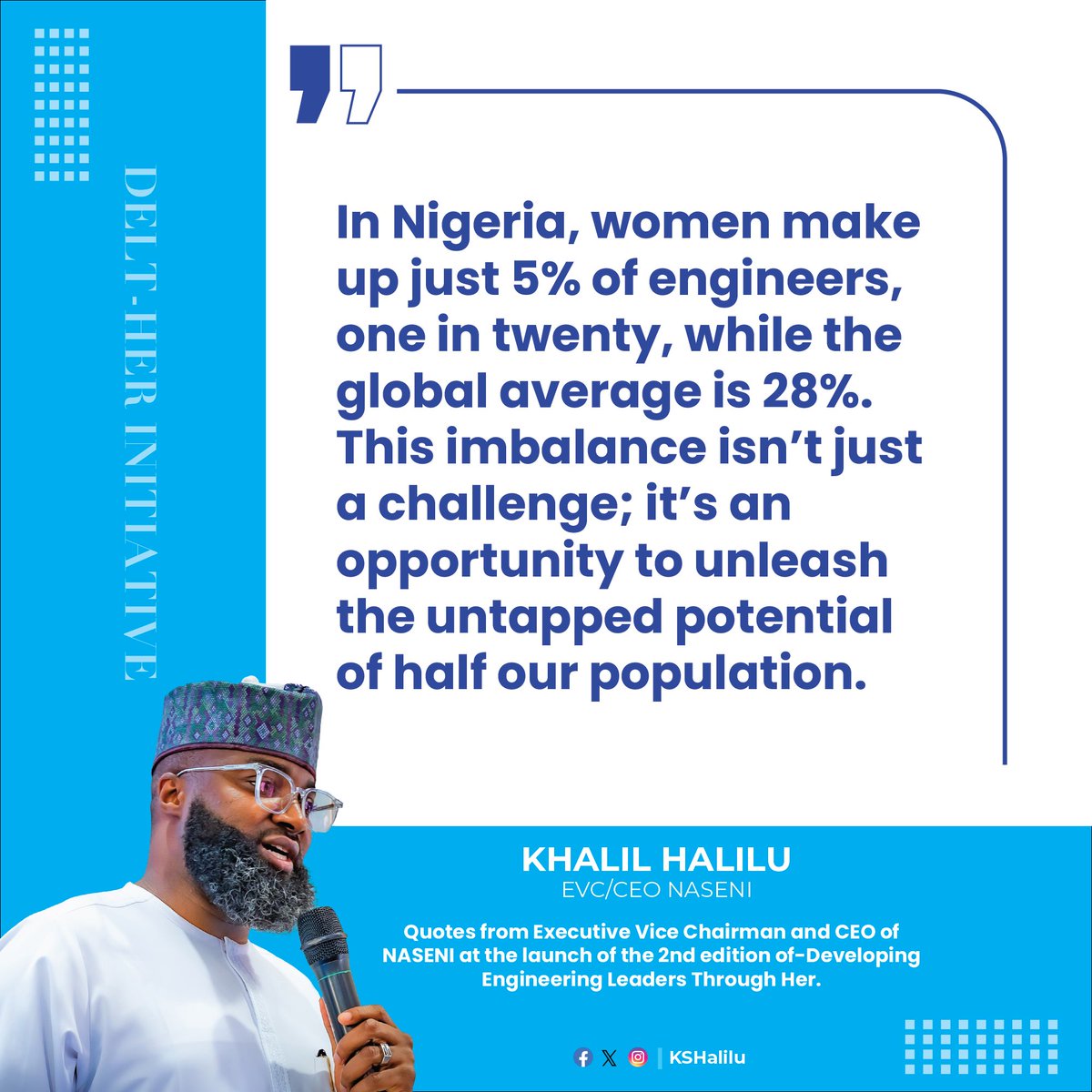 ‘‘In Nigeria, women make up just 5% of engineers, one in twenty, while the global average is 28%. This imbalance isn't just a challenge; it's an opportunity to unleash the untapped potential of half our population’’ — <a href="/KSHalilu/">Khalil Halilu</a> EVC/CEO <a href="/NASENIHQ/">NASENI</a> 
Quotes from Executive Vice