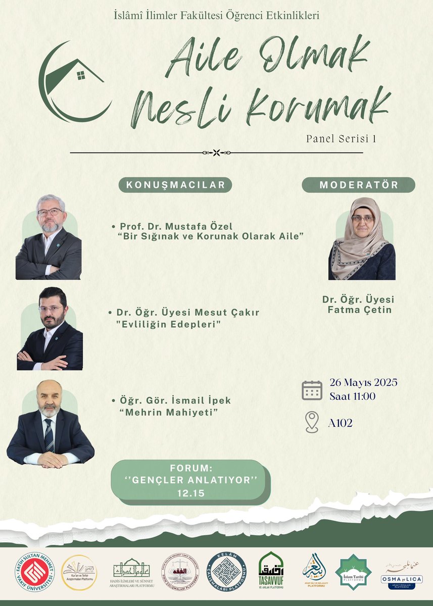 Fatih Sultan Mehmet Vakıf Üniversitesi İslami İlimler Fakültesi bünyesindeki öğrenci platformları olarak, toplumsal sorumluluğumuzu akademik bir zeminde ele alıyor ve önemli bir meseleye dikkat çekiyoruz.

“Aile Olmak, Nesli Korumak” başlıklı panelimize katılımlarınızı bekleriz.