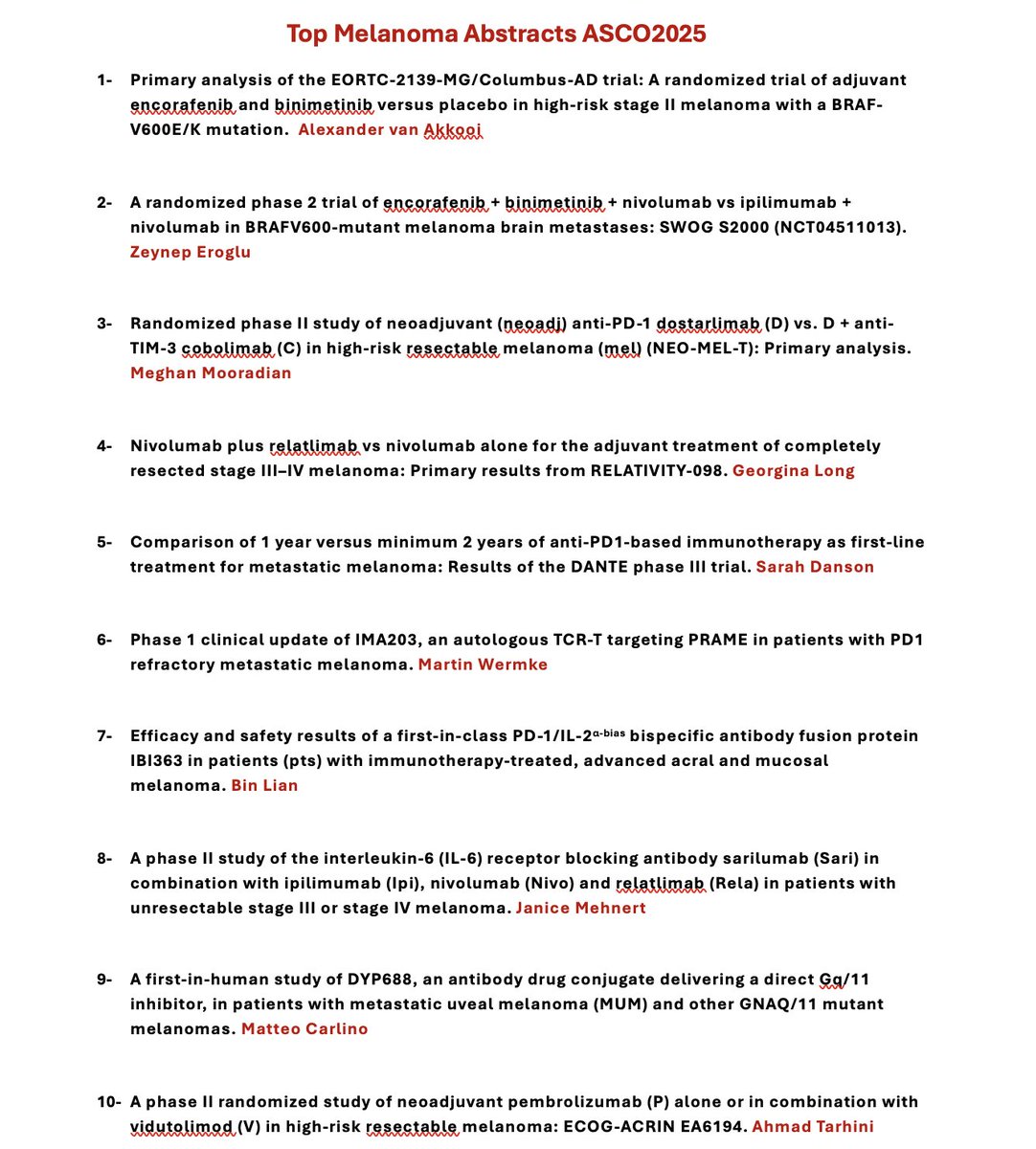 My personal selection of the high yield abstracts for melanoma that will be presented at ASCO 2025! <a href="/ASCO/">ASCO</a> #ASCO25