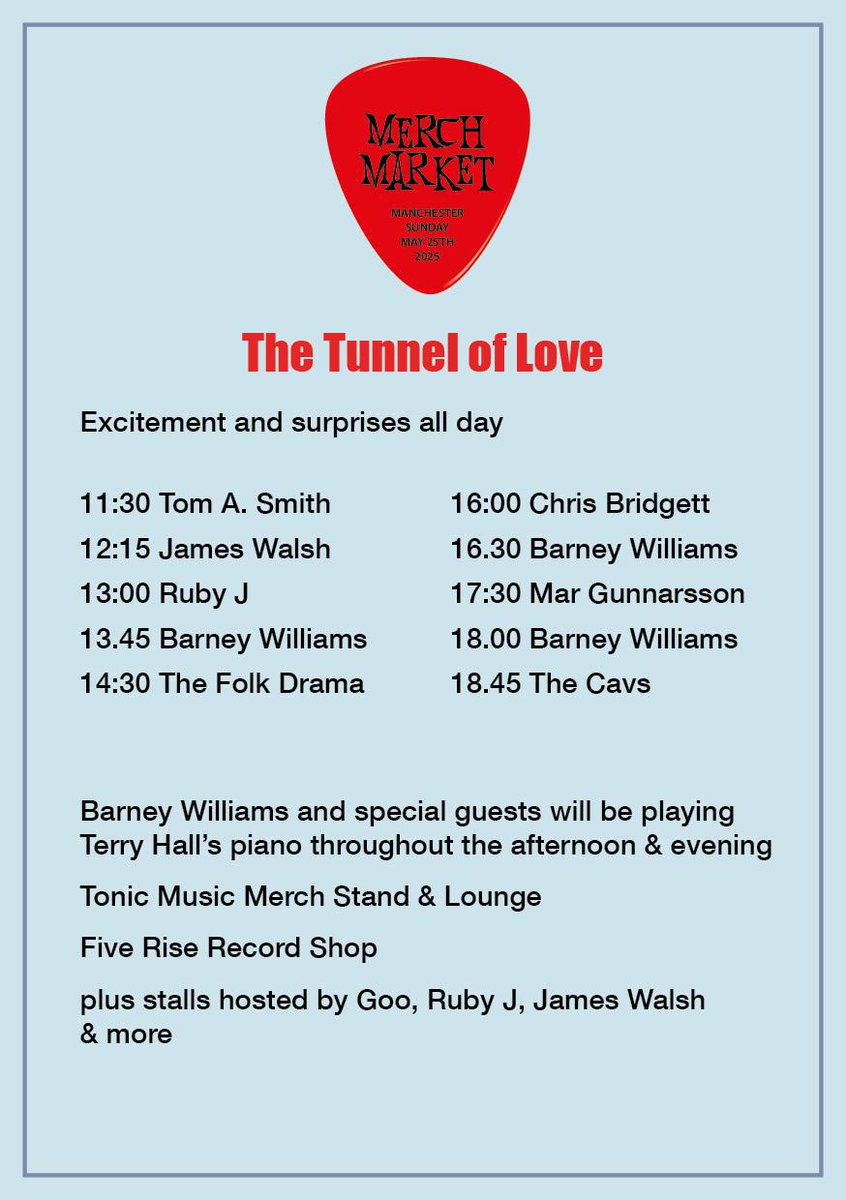 As demonstrated wonderfully by our bassist Mike, we have tee shirts and homemade hats/bags and more at our stall in Dog bowl. Just look at some of these acts tomorrow In The Tunnel of Love 😎