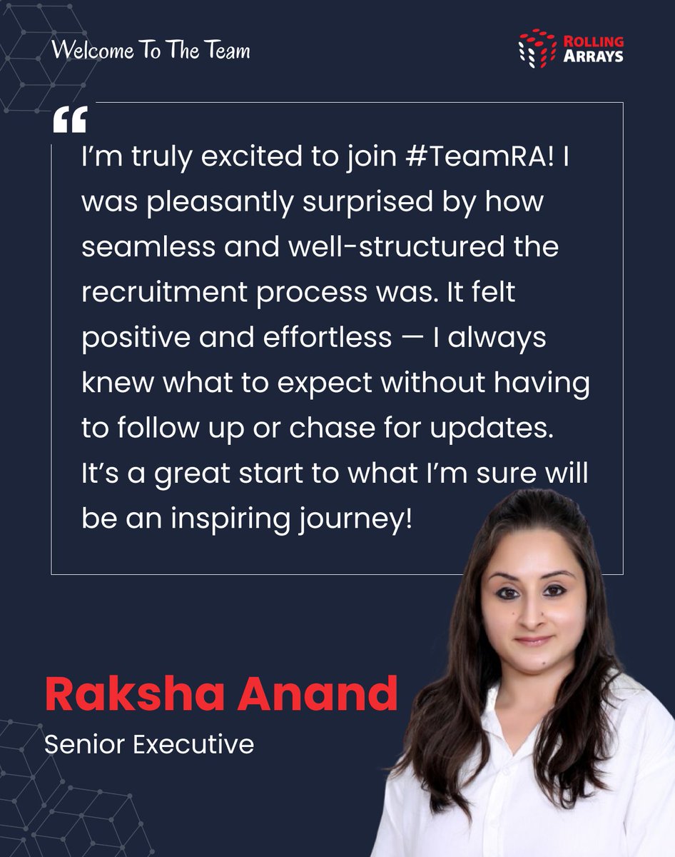 RollingArrays's tweet image. Welcome aboard! We&apos;re thrilled to introduce our newest team member, Raksha Anand to #TeamRA! 

Here&apos;s to an inspiring journey ahead!

#WelcomeToTheTeam #NewBeginnings #NewHire #SAPSuccessFactors #RollingArrays