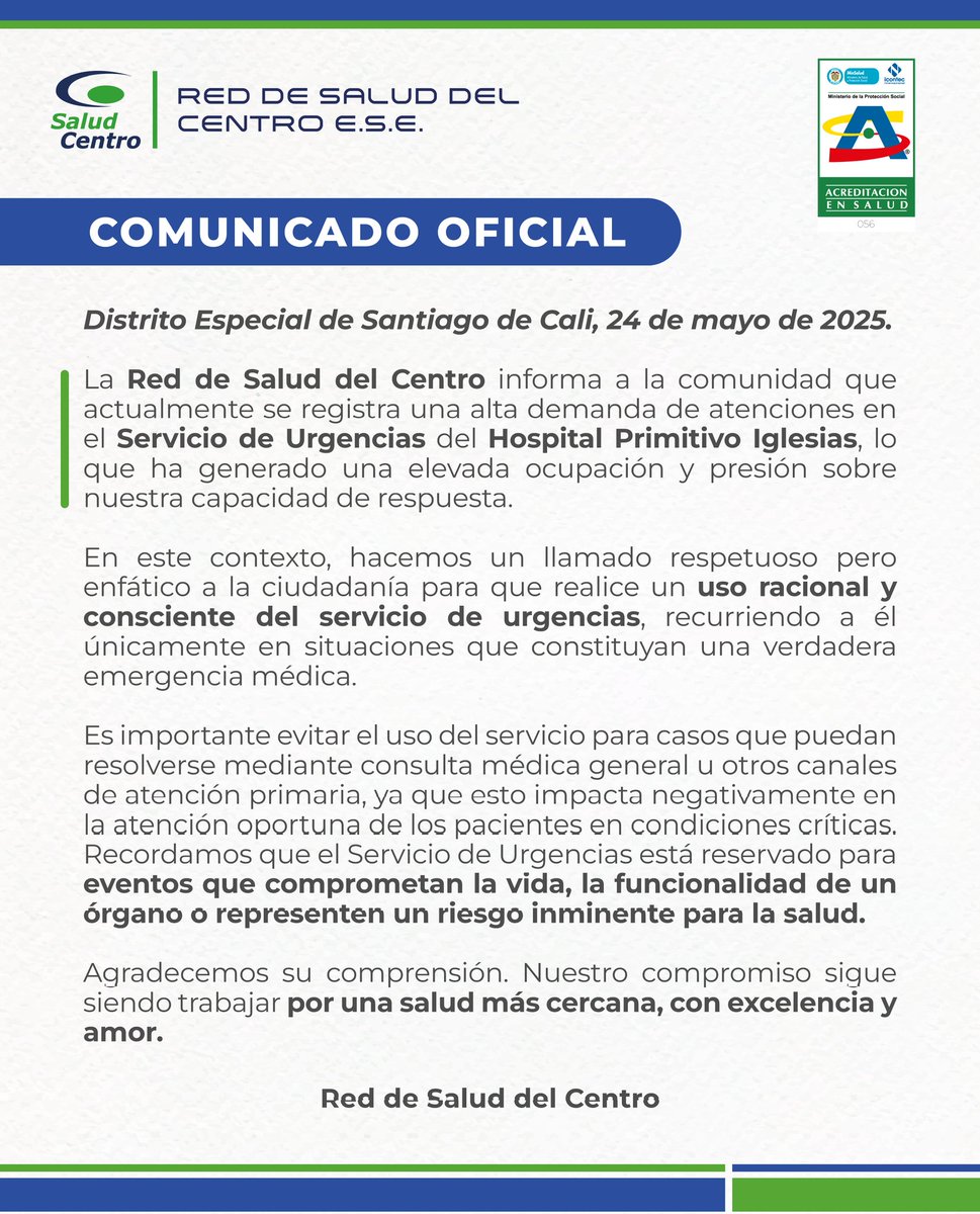 🚨 ¡Atención comunidad! 

🏥 El Servicio de Urgencias del Hospital Primitivo Iglesias presenta alta demanda. 

📌 Te invitamos a hacer un uso responsable del servicio, acudiendo solo en casos de emergencia real. 🚑

#RedDeSaludDelCentro #ServicioUrgencias #SaludParaTodasYTodos