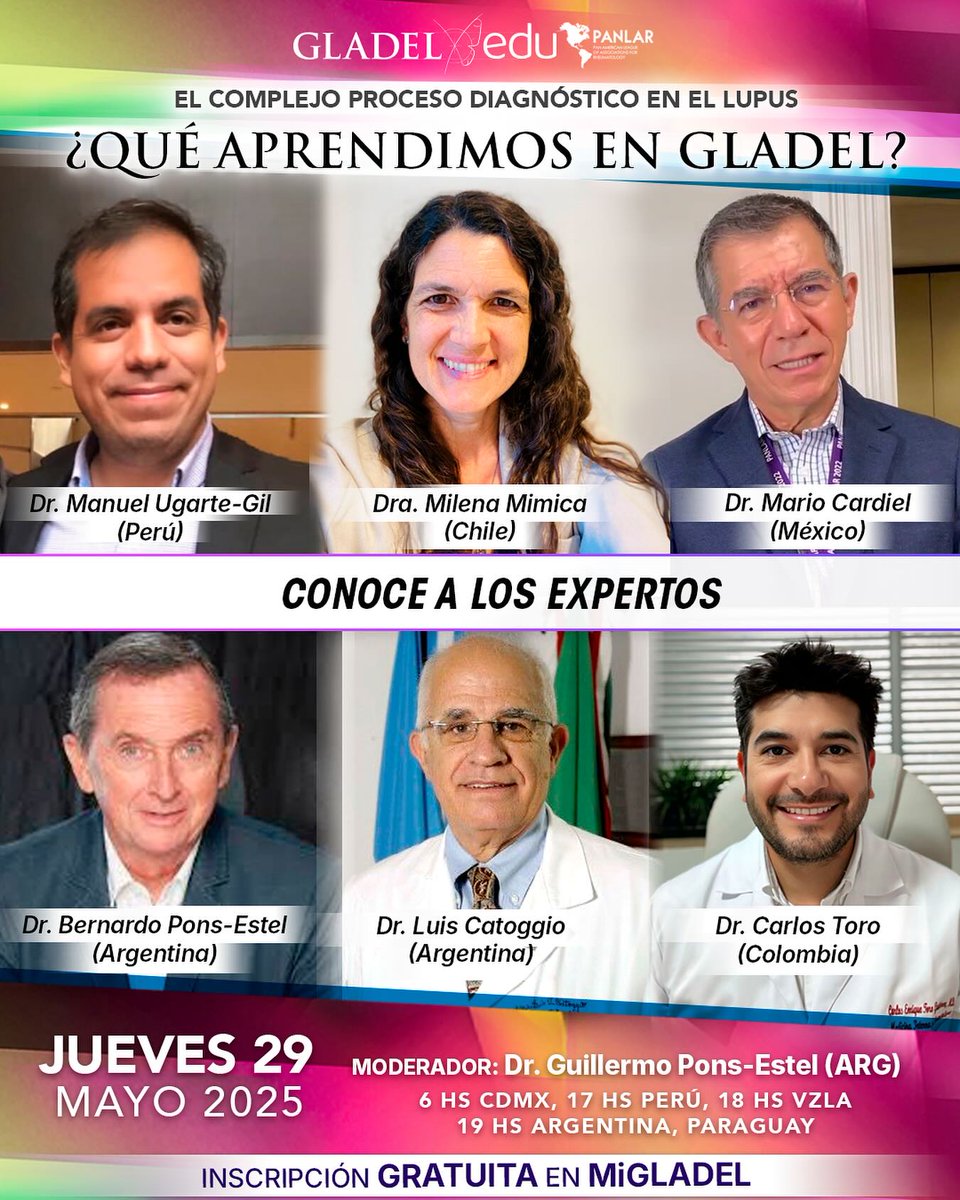GLADEL (@gladel_latam) on Twitter photo 🌎 Especialistas de 🇦🇷 @bponsestel @luiscatoggio 🇨🇱 @milenamimica 🇨🇴 <a href="/carlostororeuma/">Carlos Enrique Toro, MD, MSc</a> 🇲🇽 @mariocardiel 🇵🇪 @manuel_ugartegil comparten su visión sobre el diagnóstico del lupus.
💻 Virtual | 🎟️ Gratis en 👉 migladel.gladel.org
info: 📩 secretaria@gladel.org
#Lupus #GLADEL 🌎 Especialistas de 🇦🇷 @bponsestel @luiscatoggio 🇨🇱 @milenamimica 🇨🇴 <a href="/carlostororeuma/">Carlos Enrique Toro, MD, MSc</a> 🇲🇽 @mariocardiel 🇵🇪 @manuel_ugartegil comparten su visión sobre el diagnóstico del lupus.
💻 Virtual | 🎟️ Gratis en 👉 migladel.gladel.org
info: 📩 secretaria@gladel.org
#Lupus #GLADEL