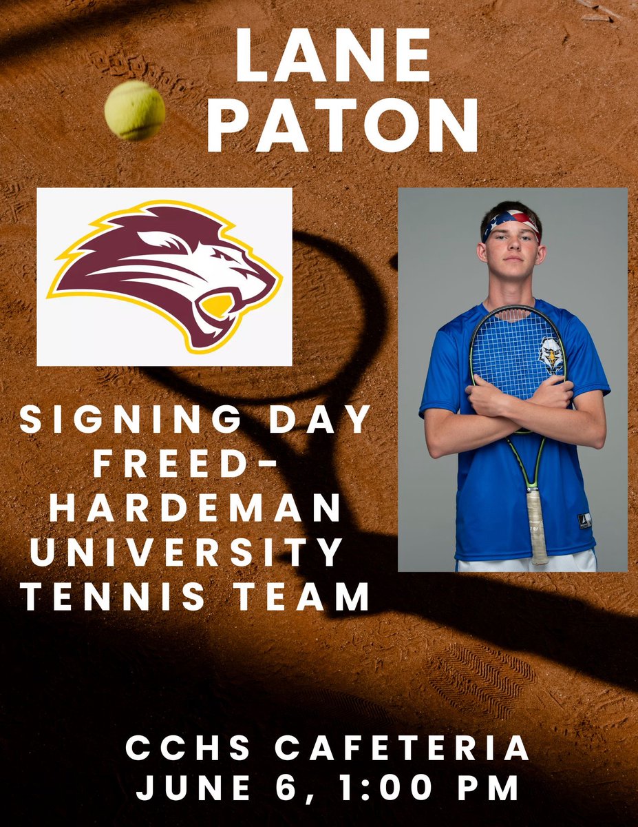 Congrats to Lane Paton!  He will be attending Freed-Hardeman University in the fall and joining their tennis team. 
There will be a signing day on June 6th at 1:00 pm in the CCHS Library.