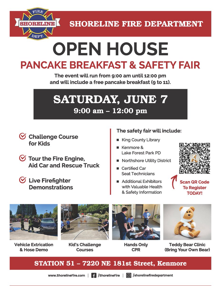 🥞🚒 Mark your calendars—just a few weeks away! Join us June 7 for #ShorelineFire’s Open House &amp; Pancake Breakfast Safety Fair! Enjoy a pancake breakfast, explore our fire engines, meet your local firefighters, and learn how to keep your home and family safe this summer.