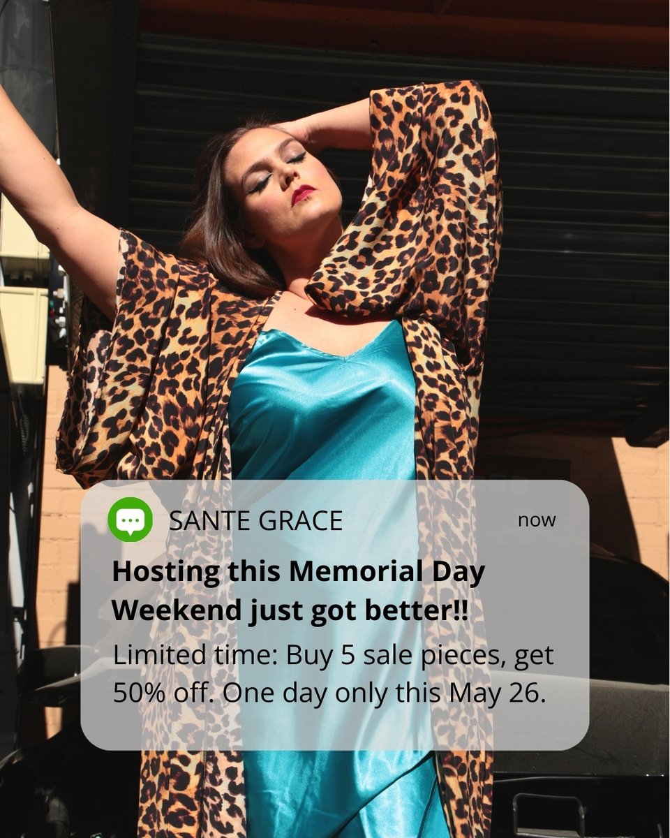 sante_grace's tweet photo. For ONE DAY ONLY! This Monday, May 26, save big on your Sante Grace favorites.
✨ Buy 5 pieces from our sale page and get 50% off.

Ready, set, add to cart.
https://t.co/SKJ57riNA4 https://t.co/wWFvUxFtt2