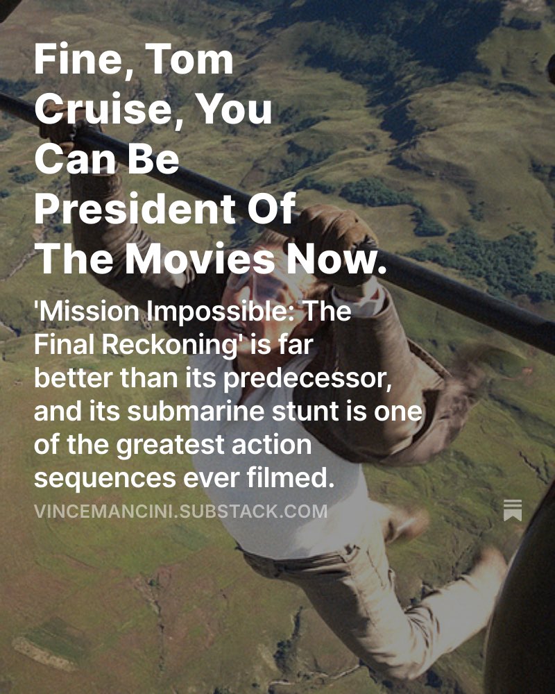 VinceMancini's tweet image. Fine, Tom Cruise, You Can Be President Of Movies Now 

(Link below)