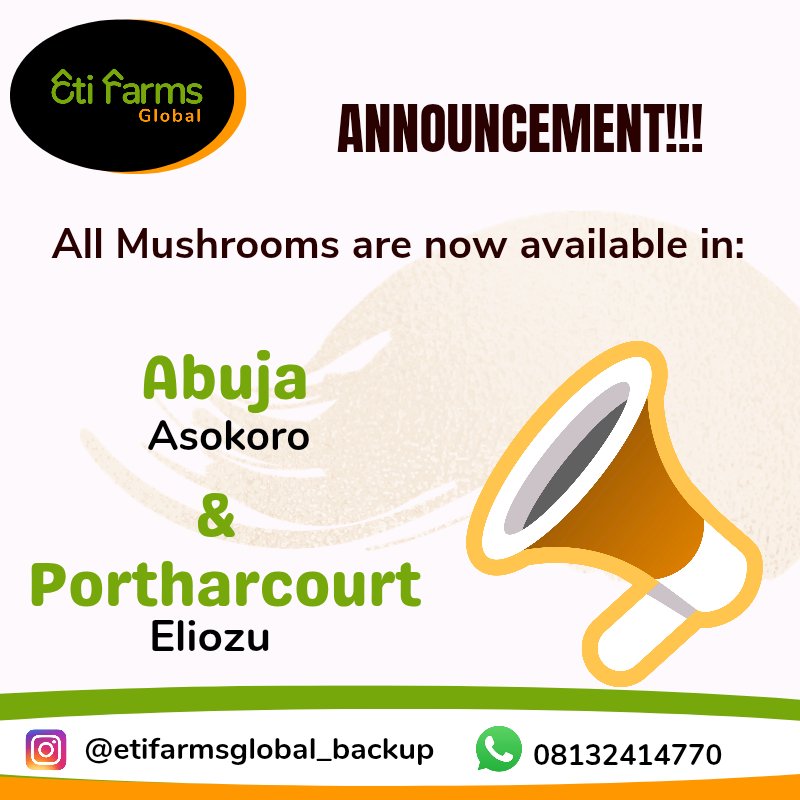 AgroprenuerEti |Mushroom plug in Lagos, Nigeria* (@etimbukimuk) on Twitter photo Good news!!!!
It's real!
You can now buy our Mushrooms in Abuja FCT and Port Harcourt
Save on waybill from Lagos and use the money to buy more mushrooms 🍄
Available varieties include oyster, king oyster, Shiitake, Lionsmane and Woodear Mushrooms.
<a href="/Nig_Farmer/">NaijaFarmer</a> <a href="/aproko_doctor/">Dr. Chinonso Egemba</a> Good news!!!!
It's real!
You can now buy our Mushrooms in Abuja FCT and Port Harcourt
Save on waybill from Lagos and use the money to buy more mushrooms 🍄
Available varieties include oyster, king oyster, Shiitake, Lionsmane and Woodear Mushrooms.
<a href="/Nig_Farmer/">NaijaFarmer</a> <a href="/aproko_doctor/">Dr. Chinonso Egemba</a>