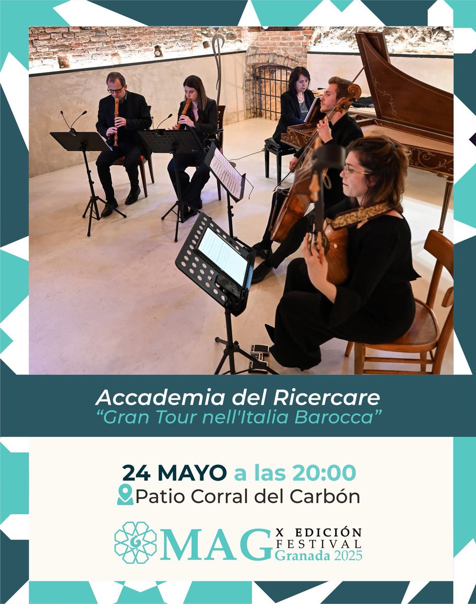 Accademia del Ricercare “Gran Tour nell'Italia Barocca”
📆24 MAYO Sábado a las ⏱ 20.00h
📍Patio Corral del Carbón #FestivalMAGranada2025 #FestMAGranada2025 #musicaantigua #hechoengranada #GranadaEsCultura #Granada #Andalucia