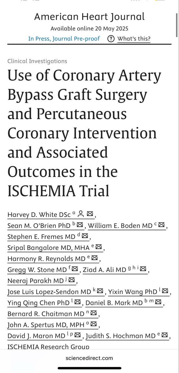 This is the latest publication of ISCHEMIA investigators. PCI vs CABG. My opinions of the use or useless information it conveys.  sciencedirect.com/science/articl…